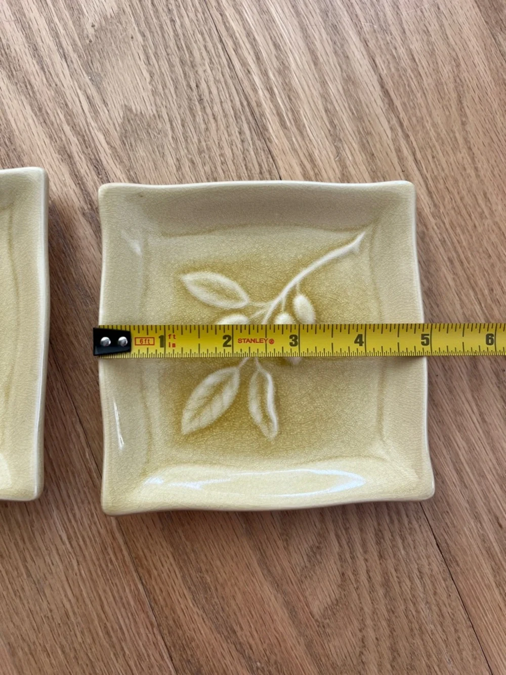 Tag Ceramic Square Dishes with Olive Branch Motif in Soft Yellow